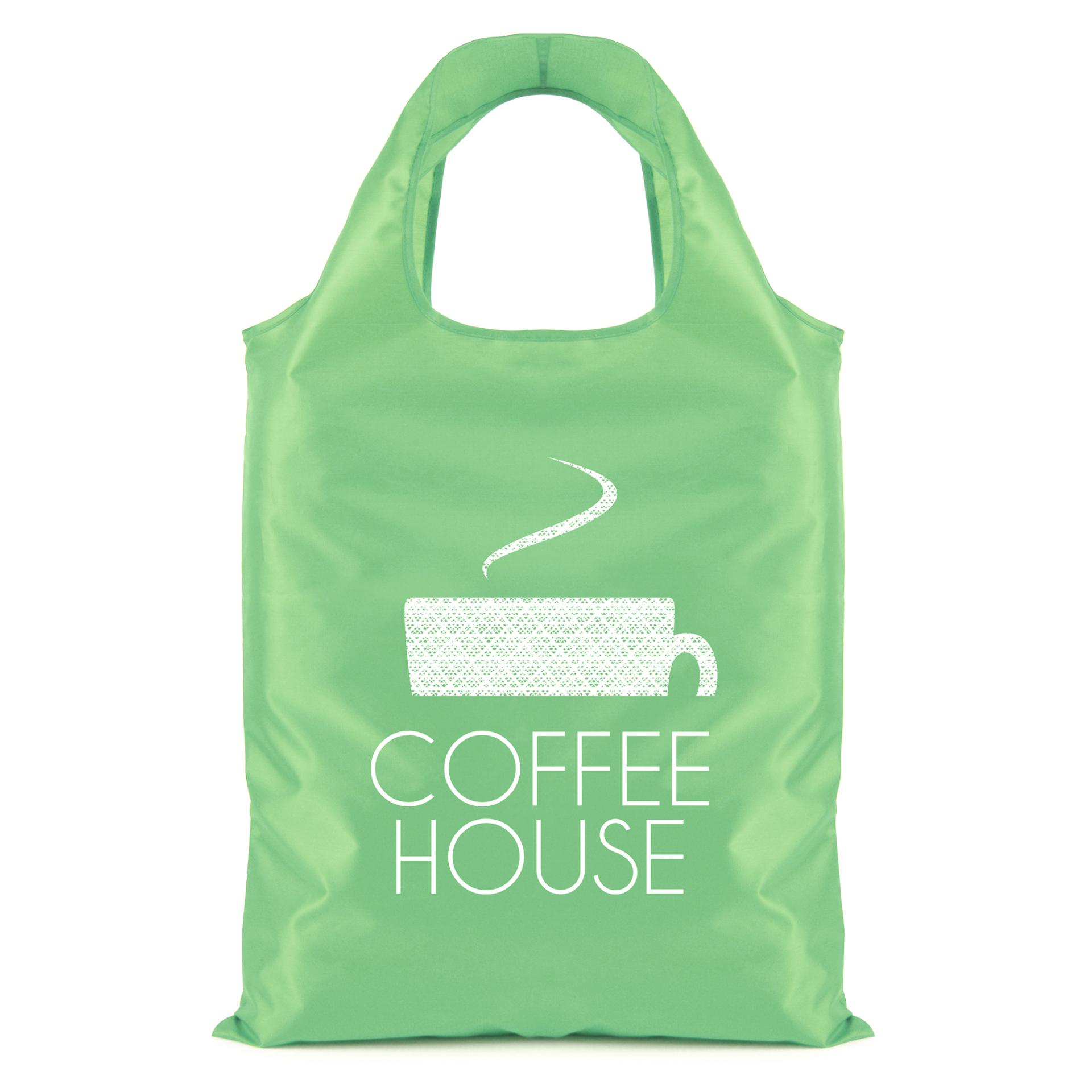 green folding bag with a logo printed on one side