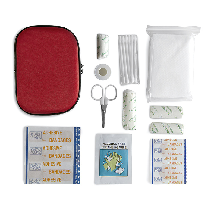 red eva first aid kit pouch and contents