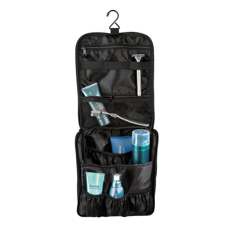 Executive Wash Bag in black showing inner compartments