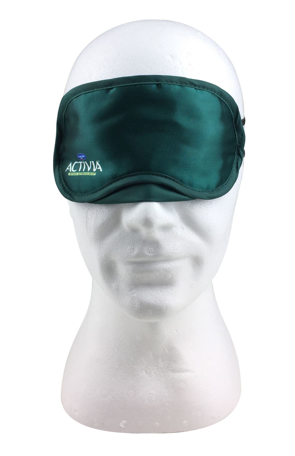 demonstration of the green polyester sleep eye mask with company logo