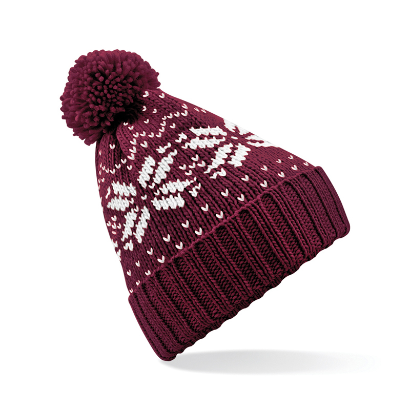 Fair Isle Snowstar Beanie in burgundy with bobble and white colour pattern