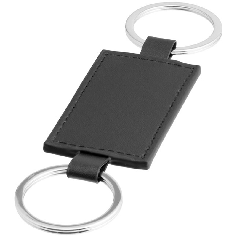 black leather look rectangle with a keyring loop to both short sides and black loops