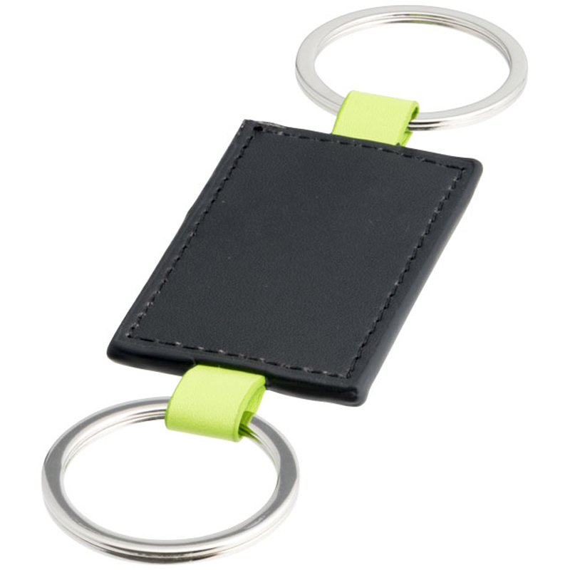 black leather look rectangle with a keyring loop to both short sides and green loops