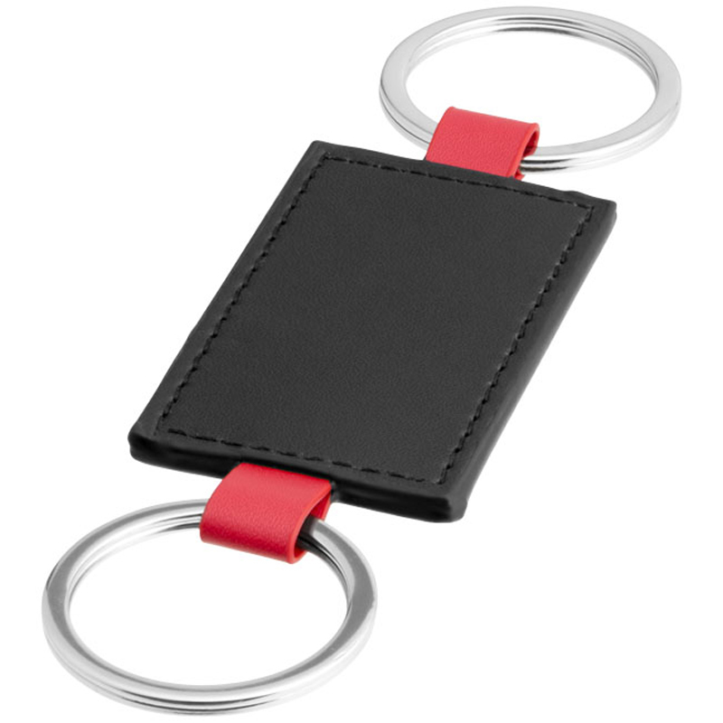 black leather look rectangle with a keyring loop to both short sides and red loops