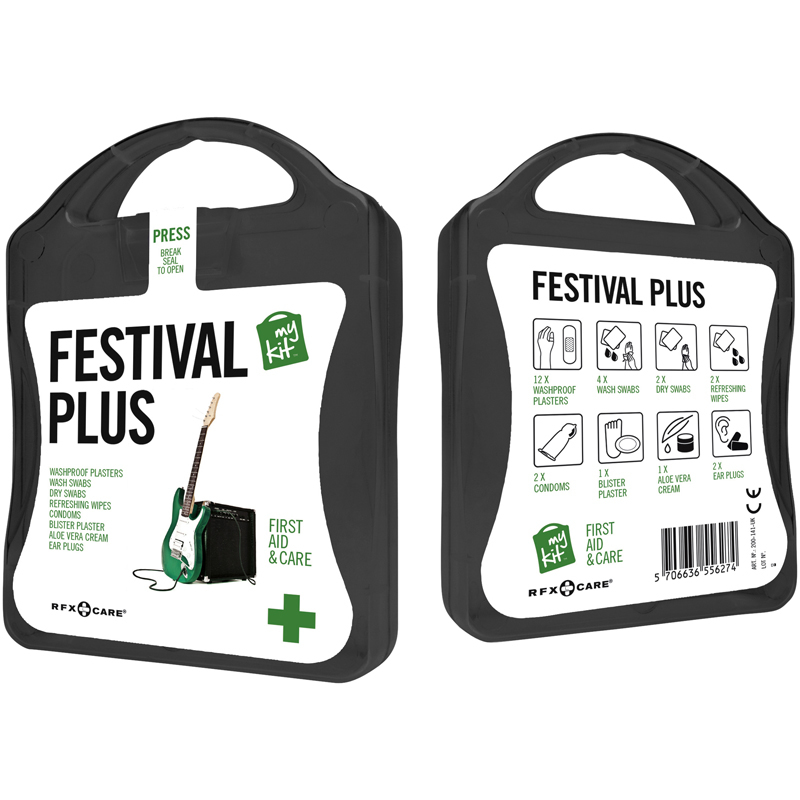 black festival first aid kit with white contents label