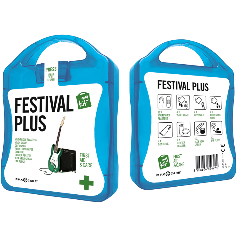blue festival first aid kit with white contents label