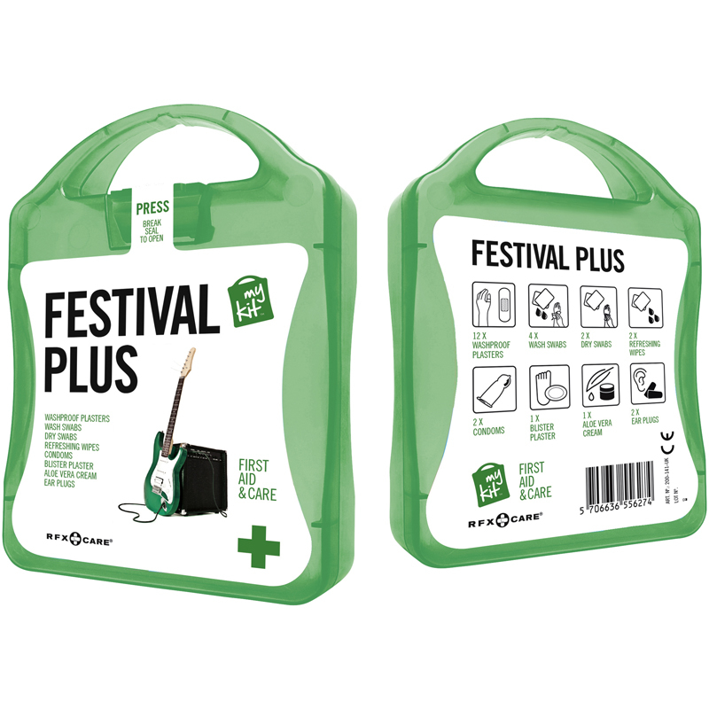 green festival first aid kit with white contents label