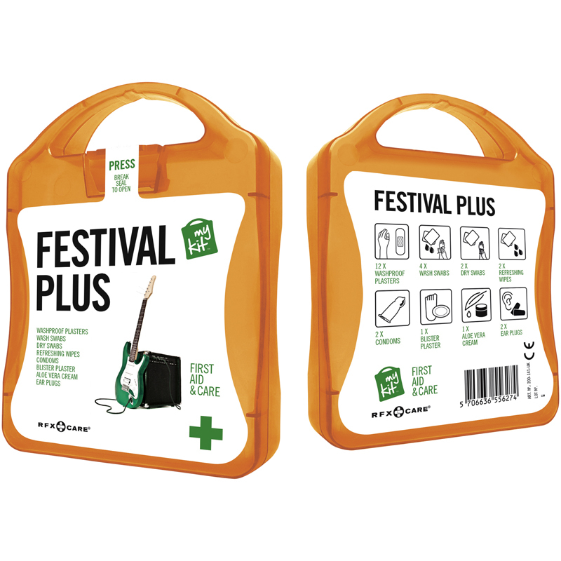 orange festival first aid kit with white contents label
