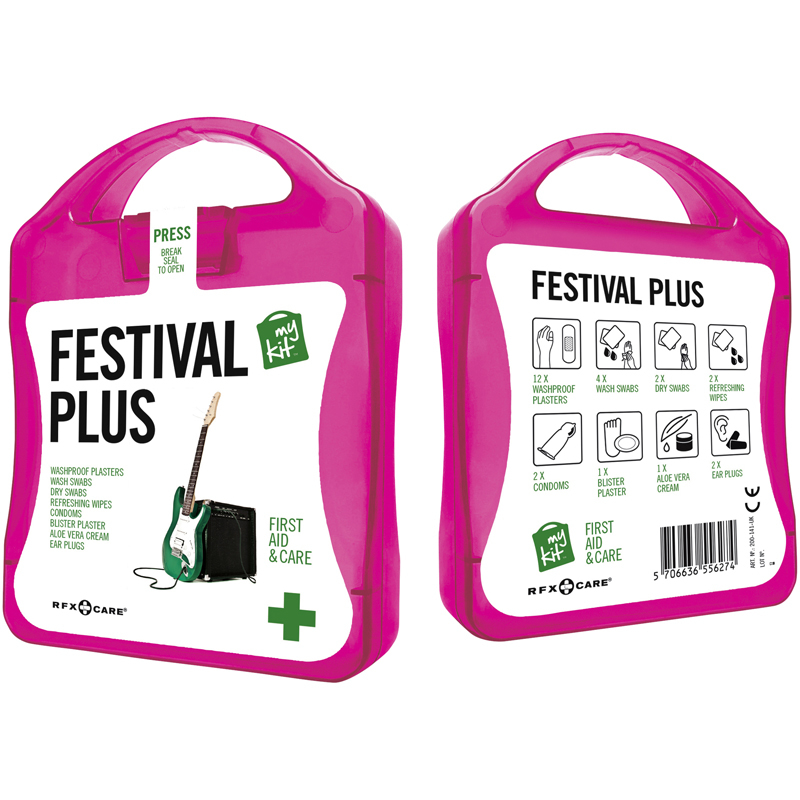 pink festival first aid kit with white contents label