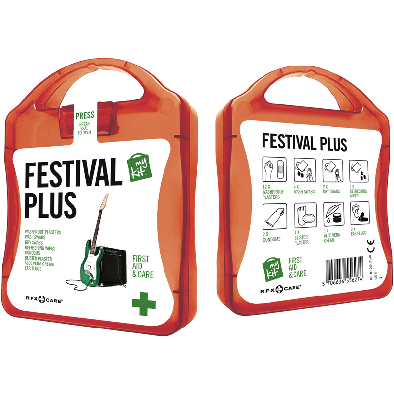 red festival first aid kit with white contents label
