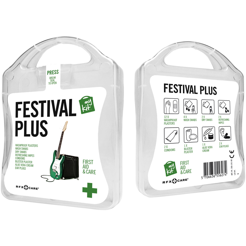 white festival first aid kit with white contents label