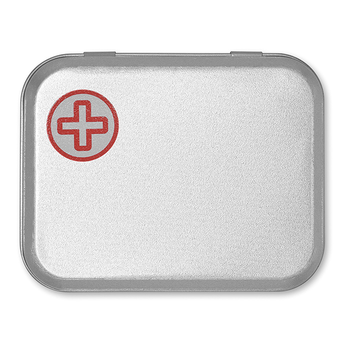 flat view of first aid kit tin with red cross label to corner