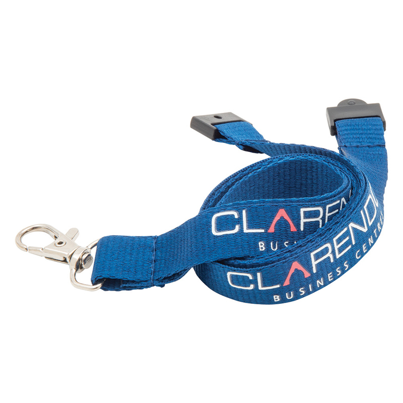 blue lanyard with 2 colour branding, silver trigger clip and black safety break