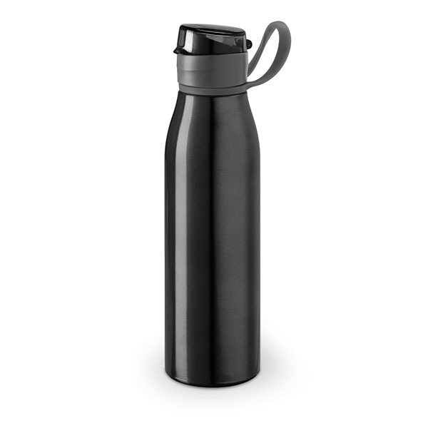 flip lid metal flask bottle with silicone strap - black