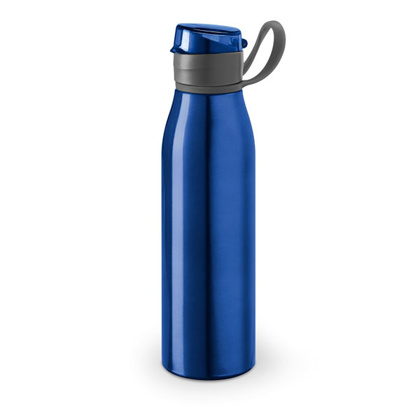 flip lid metal flask bottle with silicone strap - blue