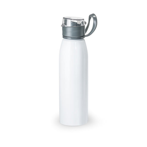 flip lid metal flask bottle with silicone strap - white