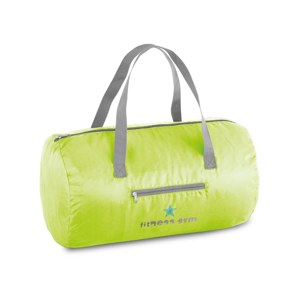 Foldable gym bag in green with grey straps and details