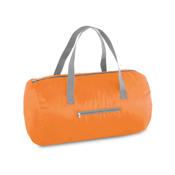 Foldable gym bag in orange with grey straps and details