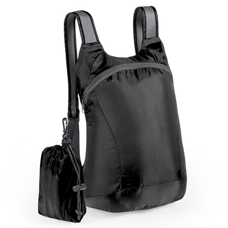 black foldable ledor backpack with a small black pouch