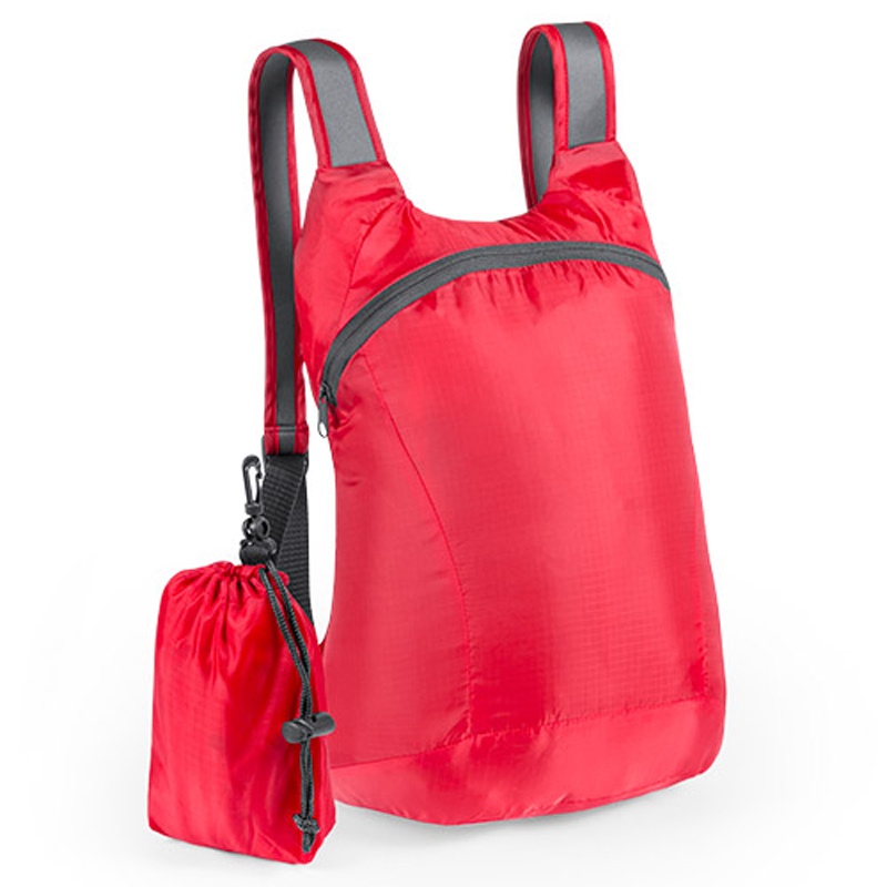 red foldable ledor backpack with a small red pouch