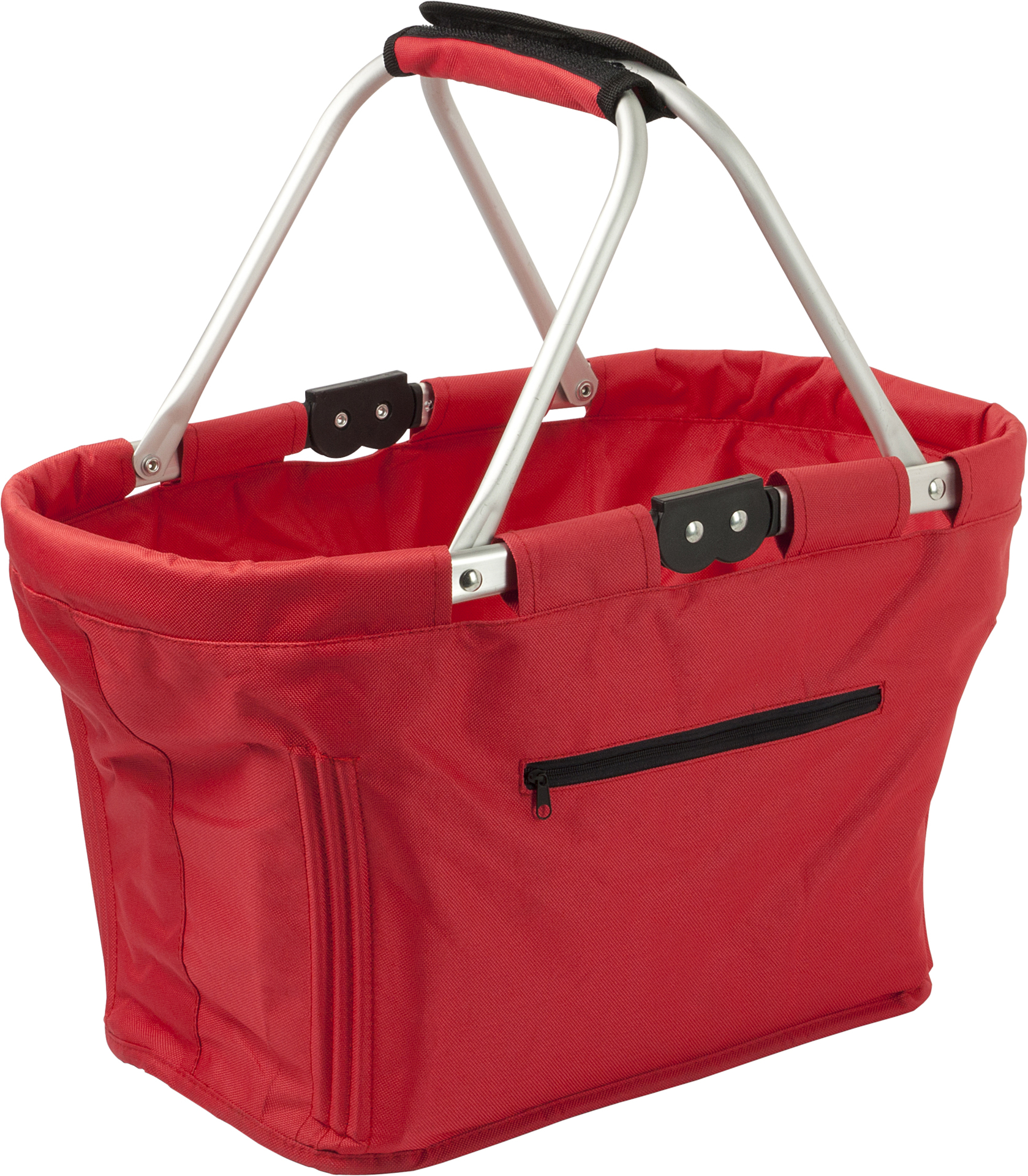 Red shopping basket with black trim details and zip compartment to the front