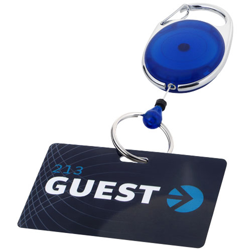 a blue gerloss roller clip keychain shown with a branded identity card through the keychain loop
