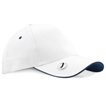 Golf cap with concealed magnets that holds ball marker in white