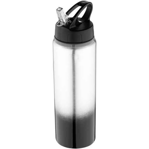 Metal sports bottle with black gradient feature to the bottom and matching lid.