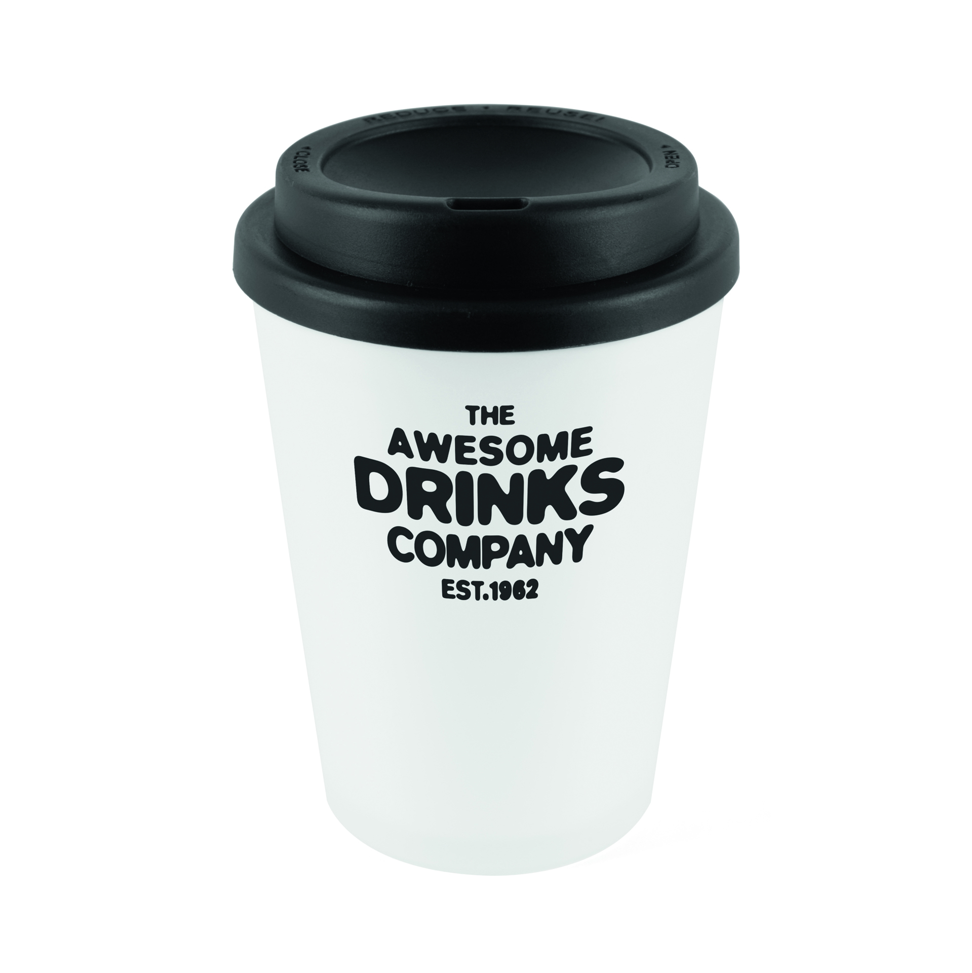 White reusable coffee cup tumbler with black lid printed with company logo