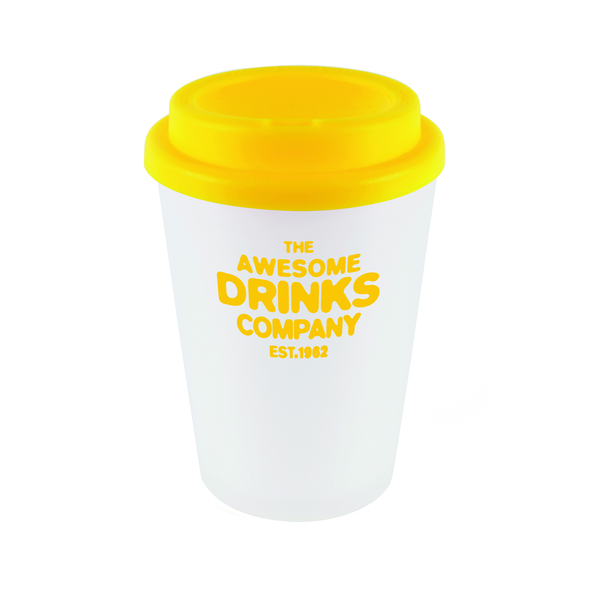 Reusable coffee cup in white, with branding area for a company logo