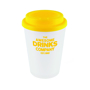 Reusable coffee cup in white, with branding area for a company logo