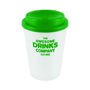350ml white coffee tumbler with green lid and branding area to the side of the cup