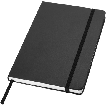 A5 hard cover notebook in black with black elastic closure and ribbon