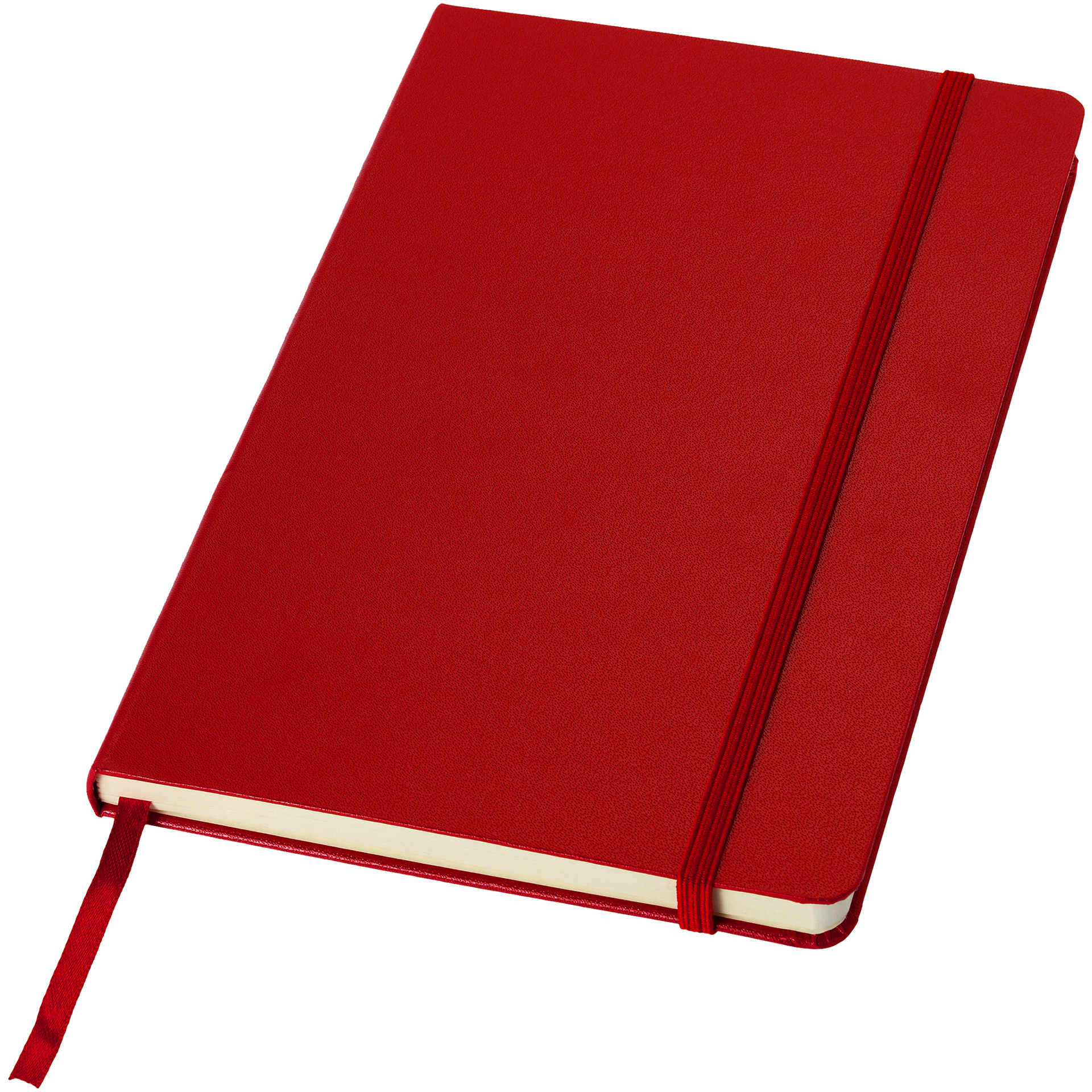 A5 hard cover notebook in red with red elastic closure and ribbon