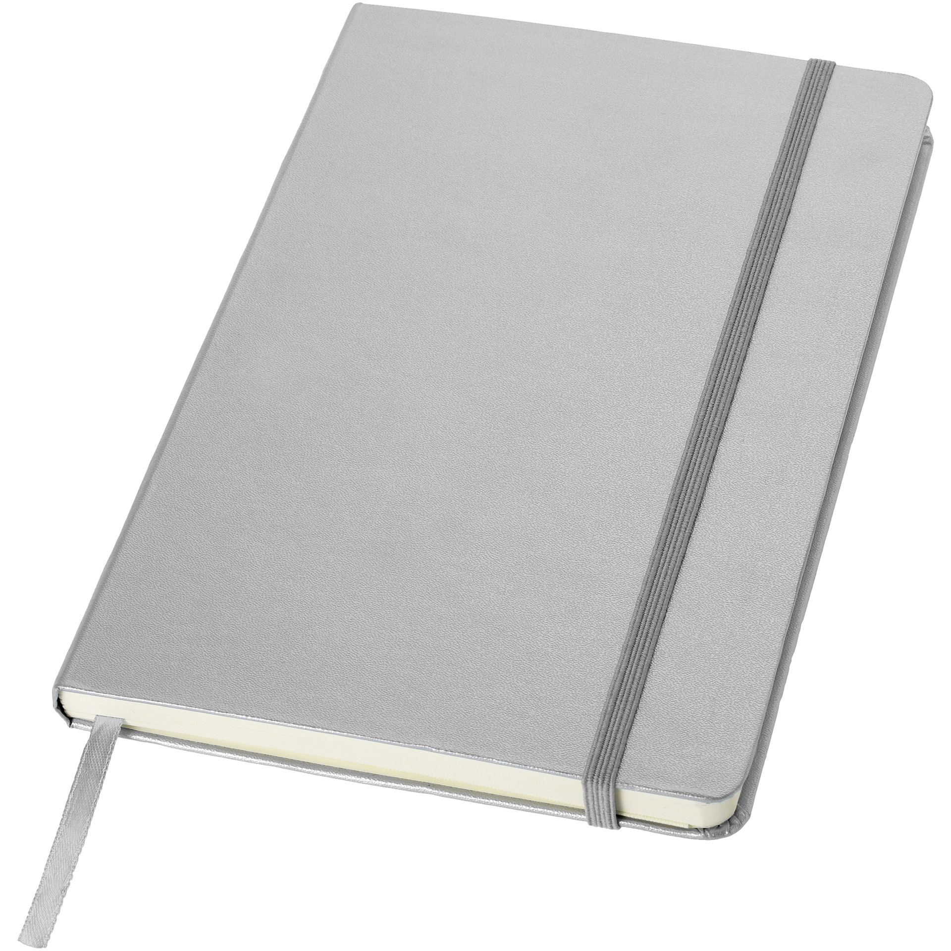 A5 hard cover notebook in silver with silver elastic closure and ribbon