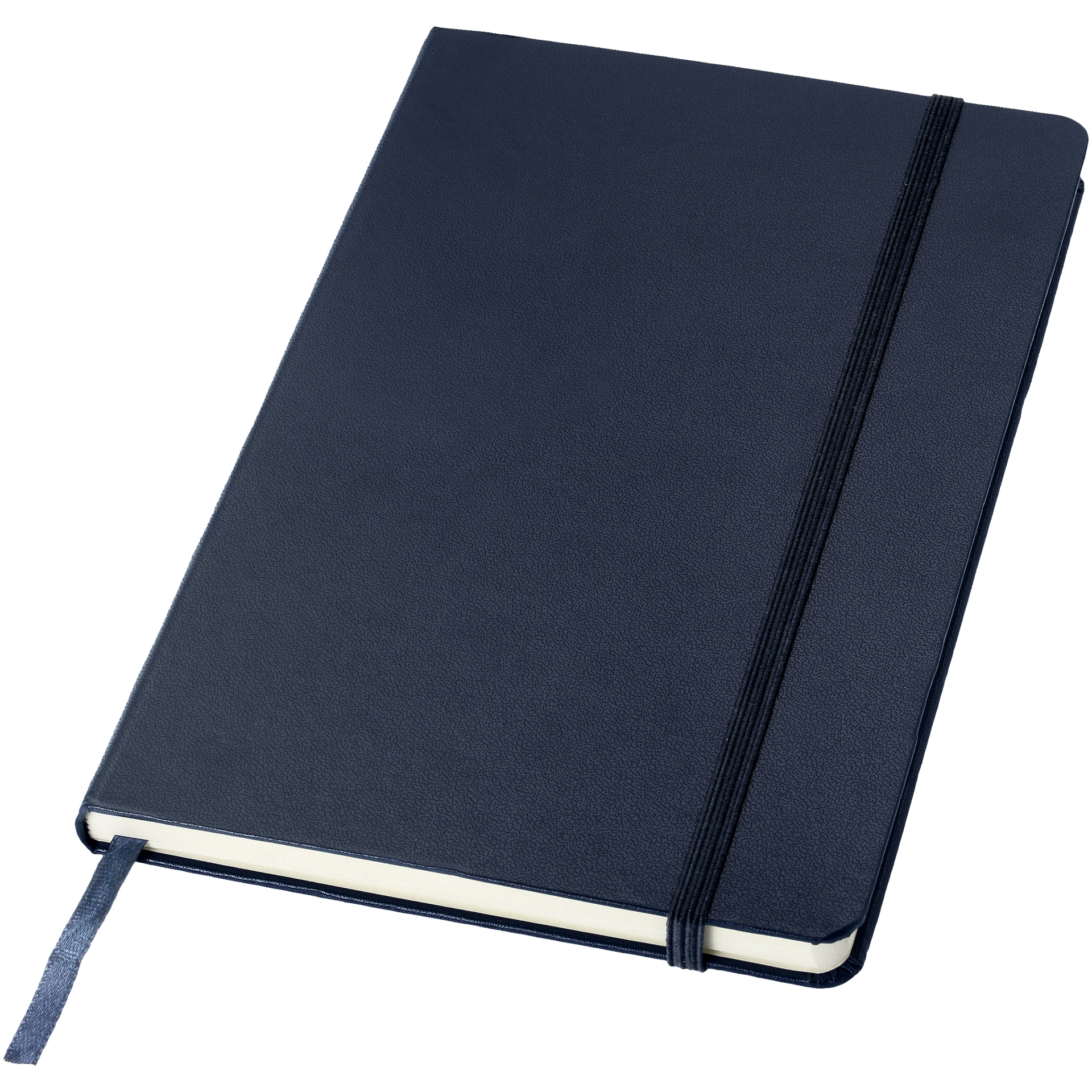 A5 hard cover notebook in navy with navy elastic closure and ribbon