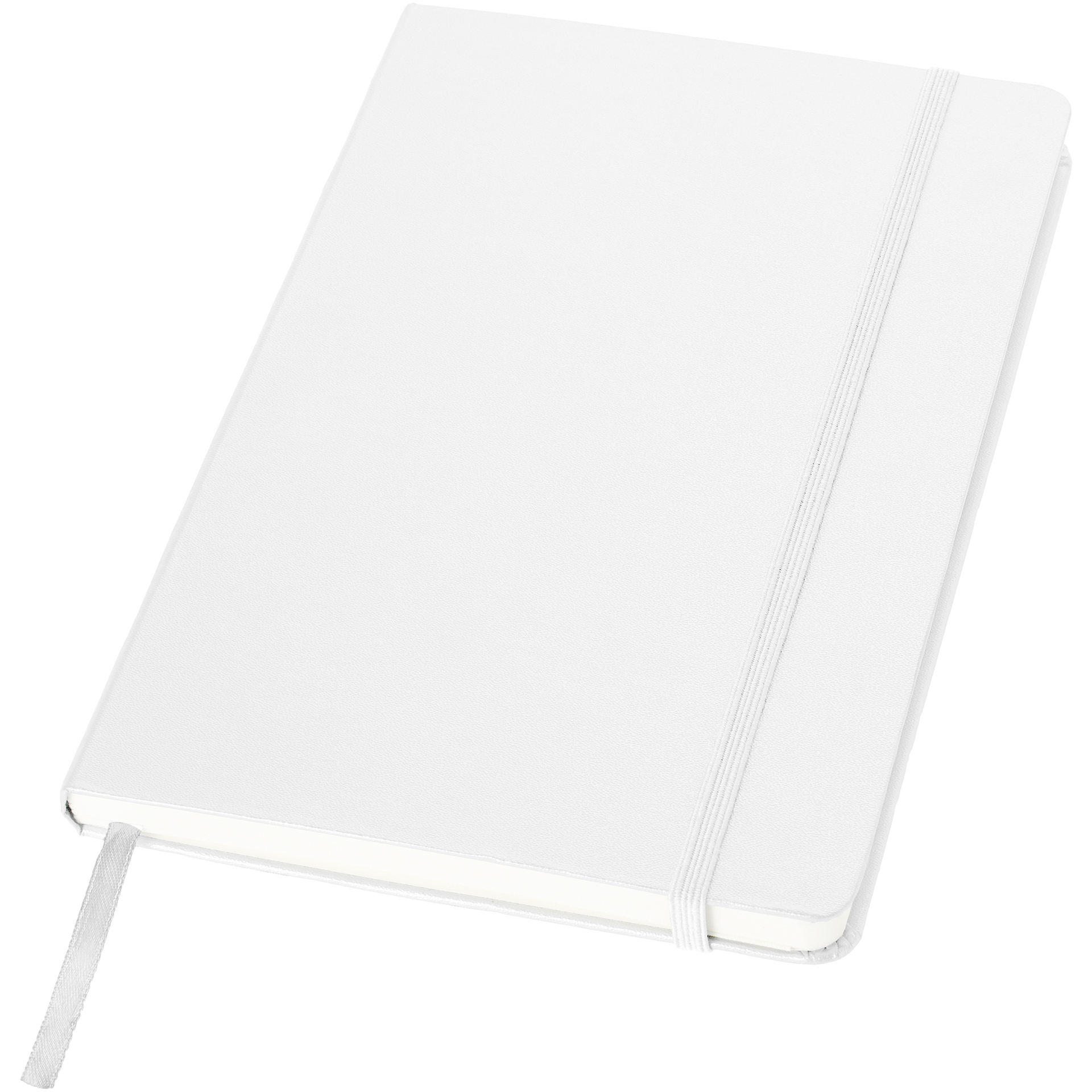 A5 hard cover notebook in white with white elastic closure and ribbon