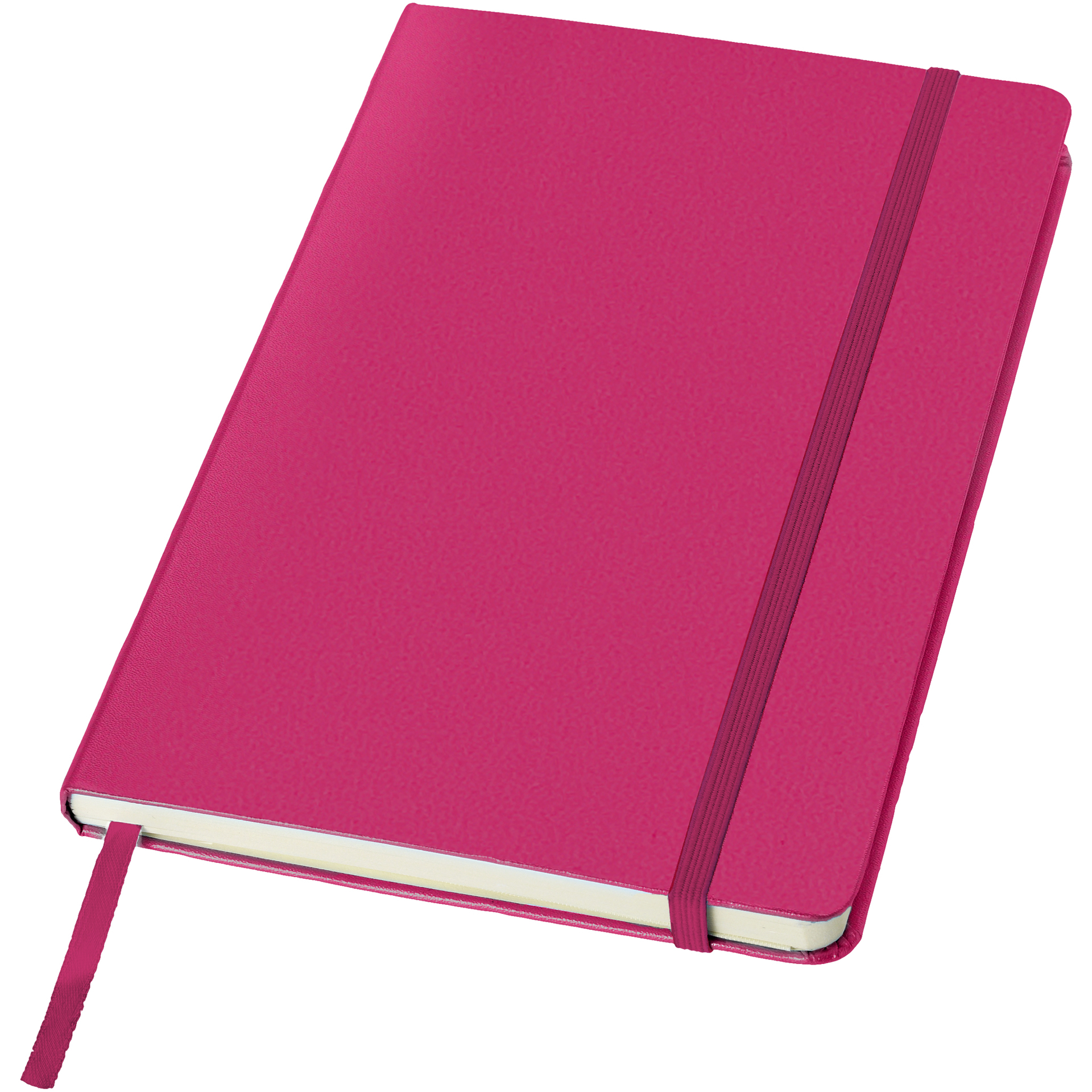 A5 hard cover notebook in pink with pink elastic closure and ribbon