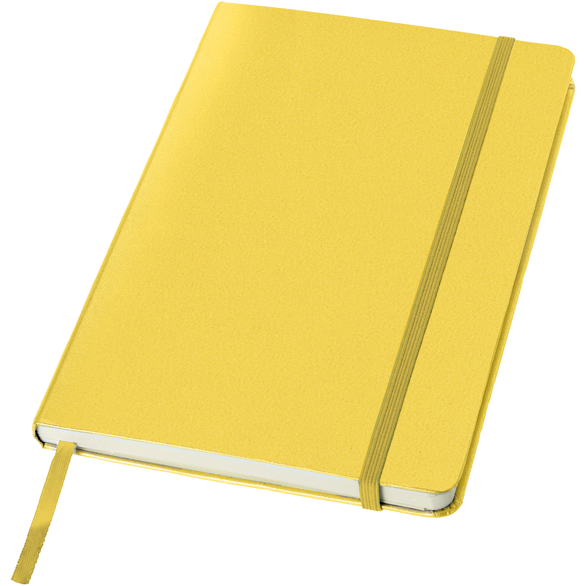 A5 hard cover notebook in yellow with yellow elastic closure and ribbon
