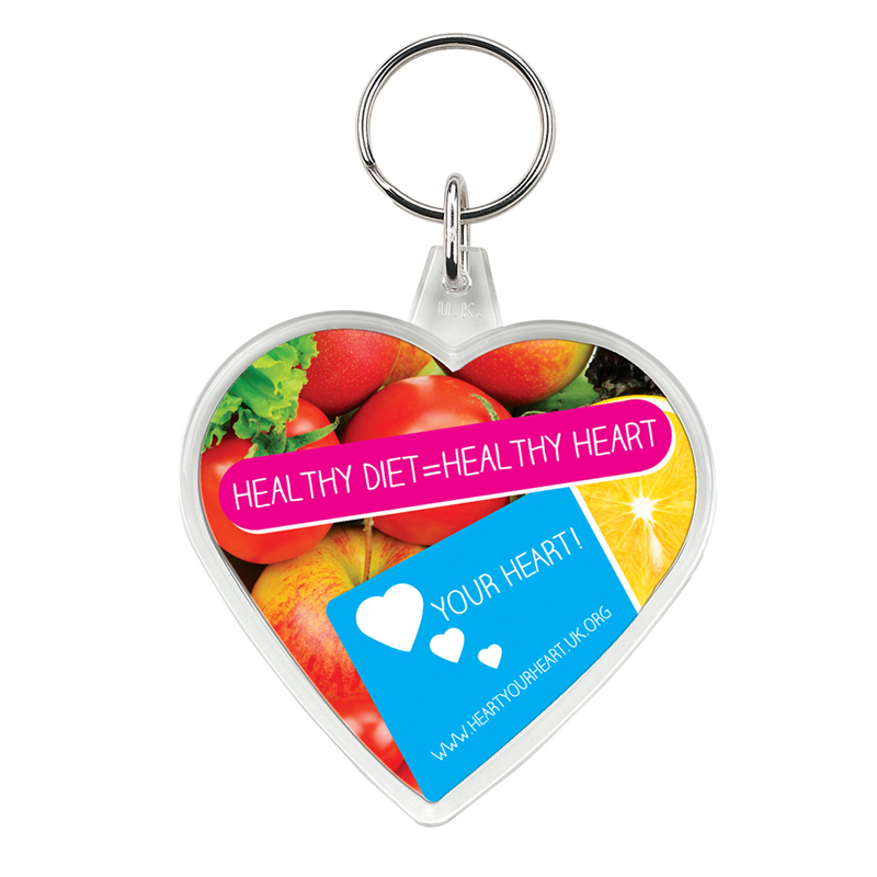 heart shaped keyring with a full colour healthy diet design to the front