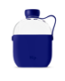 Flask shaped clear drinks bottle with silicone sleeve in blue
