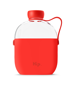 Clear water bottle in a flat flask shape with red silicone sleeve and matching screw lid