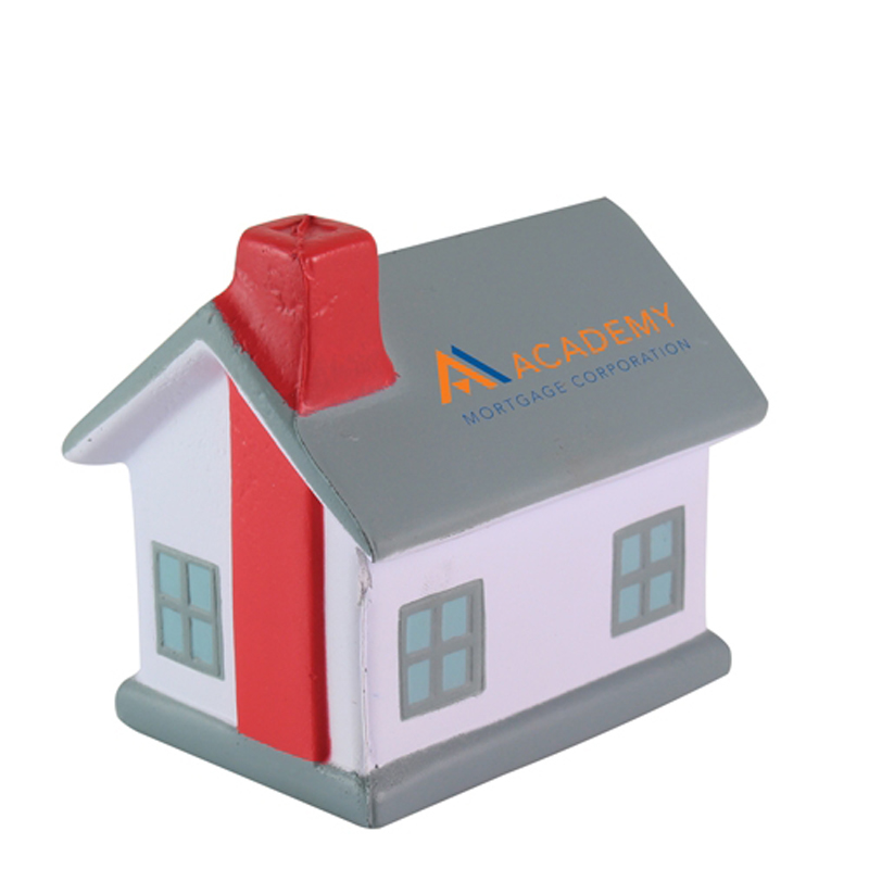 promotional stress toy in the shape of a house with a company logo printed on the grey roof