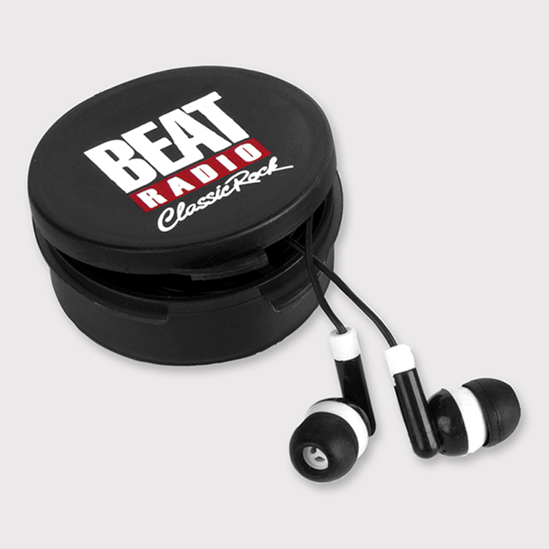 Black earphones in matching coloured storage pot with a 1 colour logo on the front