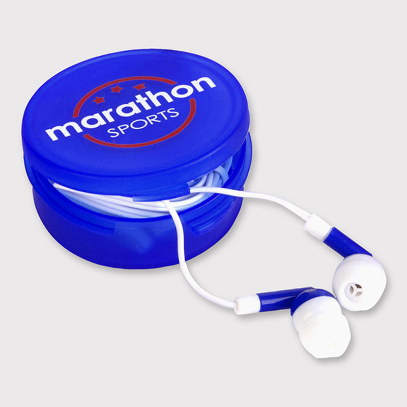 Blue and white promotional ear buds in a small round pot
