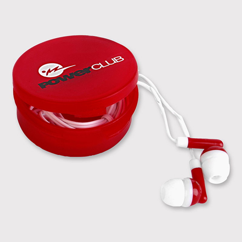 Promotional earphones in red and white with storage case