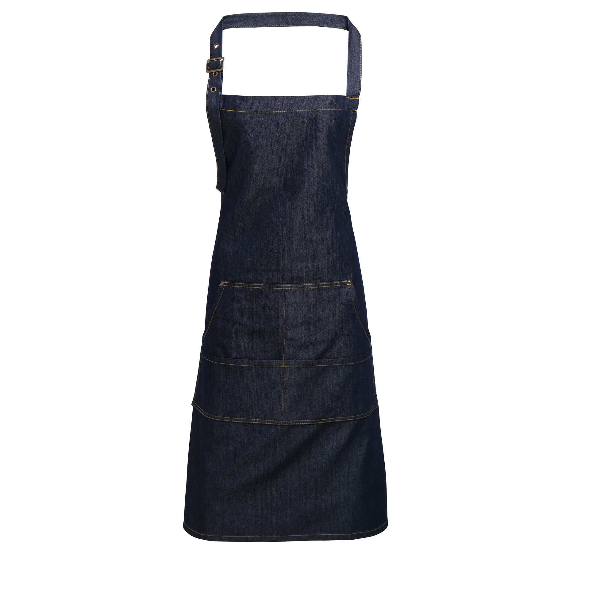Jean Bib Apron in navy with contrasting stitching, 4 pocket compartments and adjustable buckle on neckband