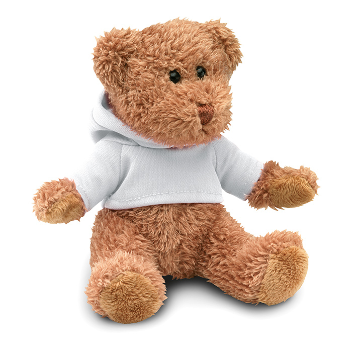 johnny bear with white hooded sweater