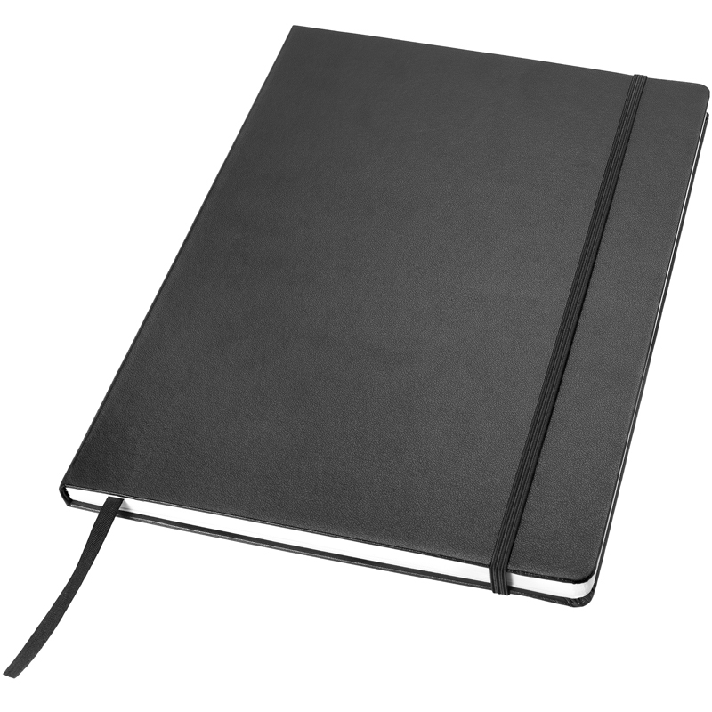 Executive  A4 hard cover notebook in black with colour match elastic strap and ribbon