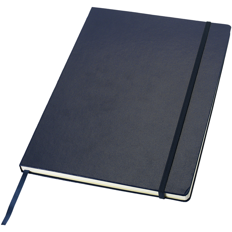 Executive  A4 hard cover notebook in navy with colour match elastic strap and ribbon